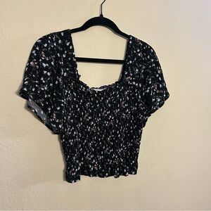 Chic Black Floral Smocked Blouse